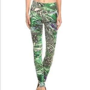Leggings Green Multi Color Print Size S